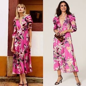 PATBO Tropical Floral Satin Puff Sleeve Plunge V-Neck Button Front Midi‎ Dress 2